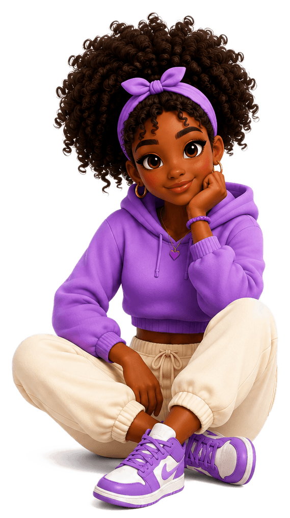 Pixelia, souriante, assise en jogging