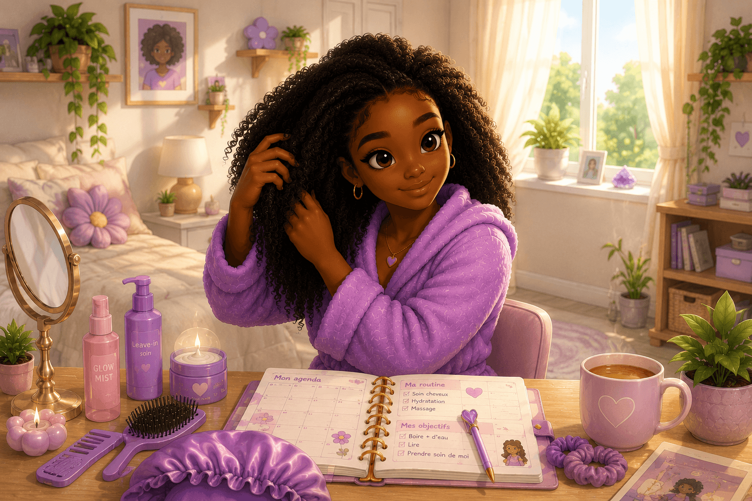 Pixelia prend soin de ses cheveux dans sa chambre